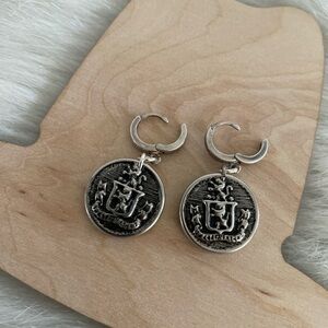 Hand Crafted Upcycled Royal Button Earrings on Sterling Silver Huggie Hoops